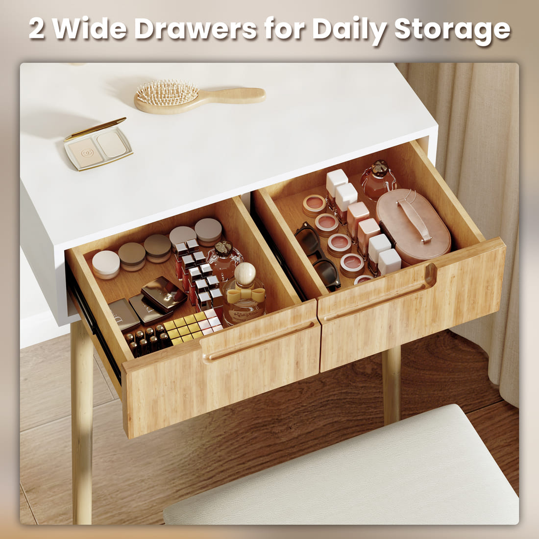 Small Makeup Vanity Table with Round LED Mirror and Stool