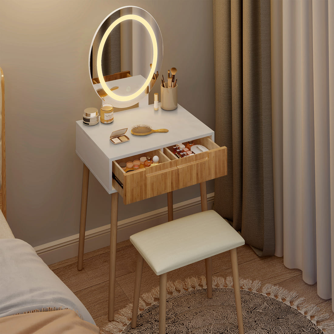Small Makeup Vanity Table with Round LED Mirror & Cushioned Stool for Living Room, Bedroom