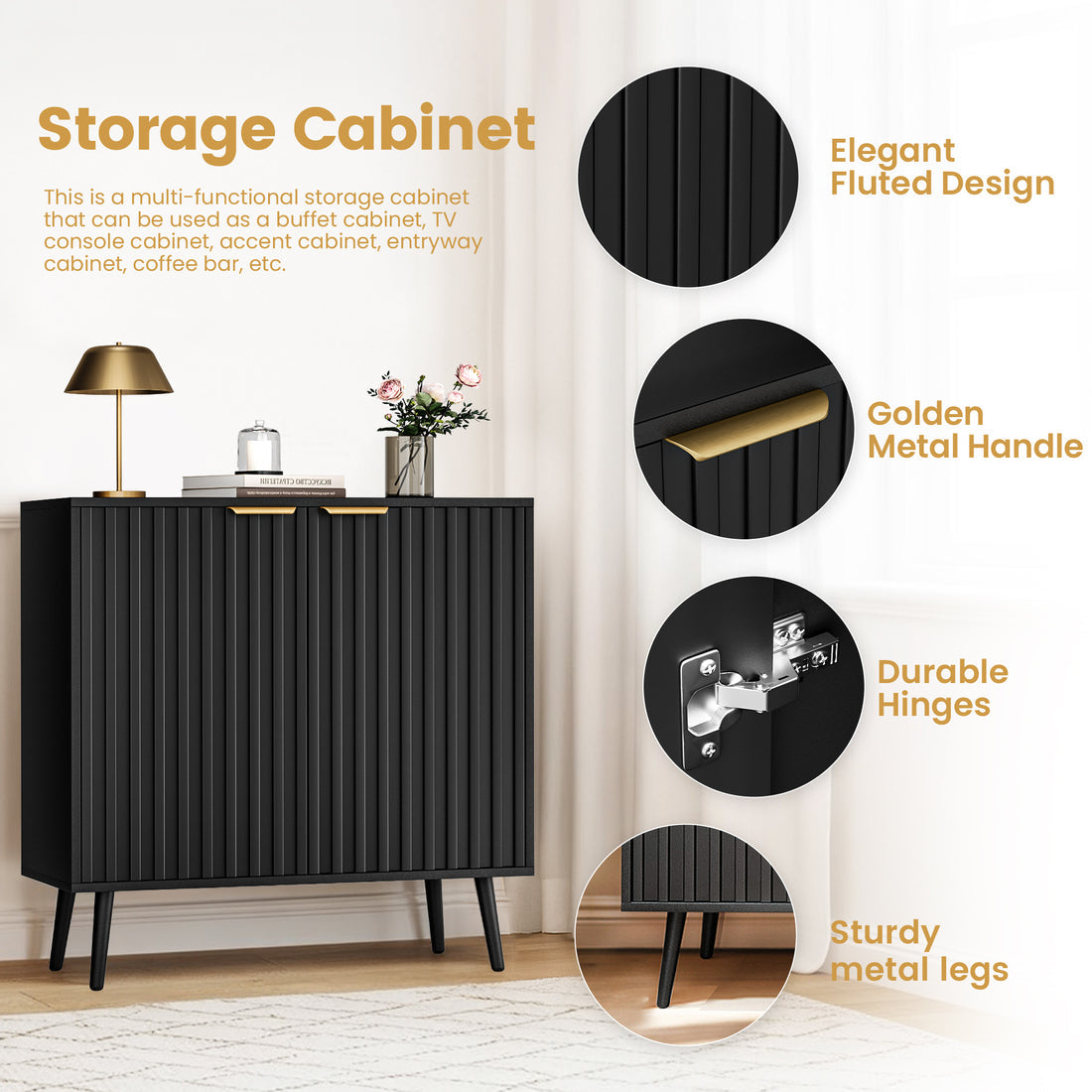 Pamapic Fluted Sideboard Cabinet with Adjustable Shelves for Living Room, Hallway, Entryway, Dining Room