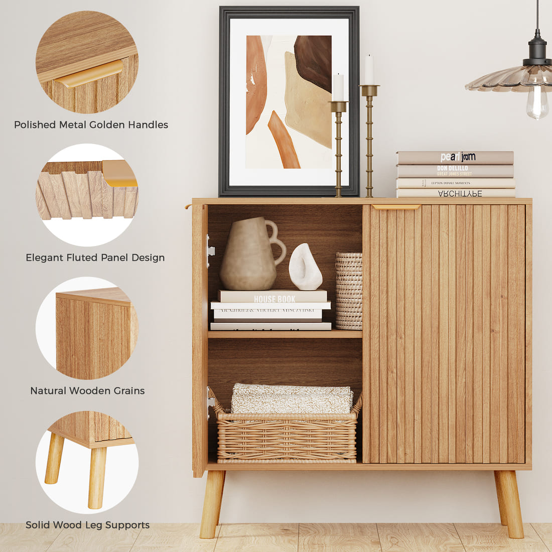 Pamapic Fluted Sideboard Cabinet with Adjustable Shelves for Living Room, Hallway, Entryway, Dining Room