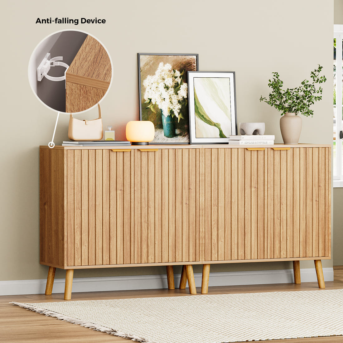 Pamapic Fluted Sideboard Cabinet with Adjustable Shelves for Living Room, Hallway, Entryway, Dining Room