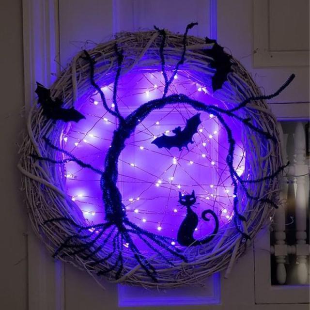 Happy Halloween Wreath With LED Light Up Black Bat
