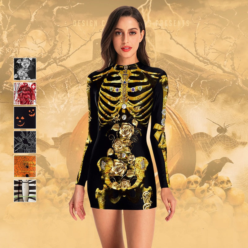 Women Vintage Skeleton Rose Print Dress
