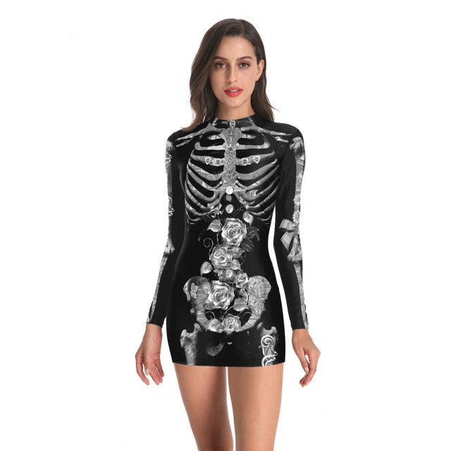 Women Vintage Skeleton Rose Print Dress