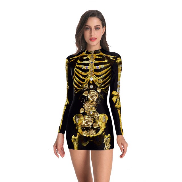 Women Vintage Skeleton Rose Print Dress