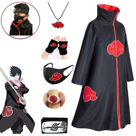 Akatsuki Costume3Pcs with Headband and Ring  Akatsuki Halloween Cloak Cape Itachi Robe Cosplay Anime Costume with Konoha Bandeau