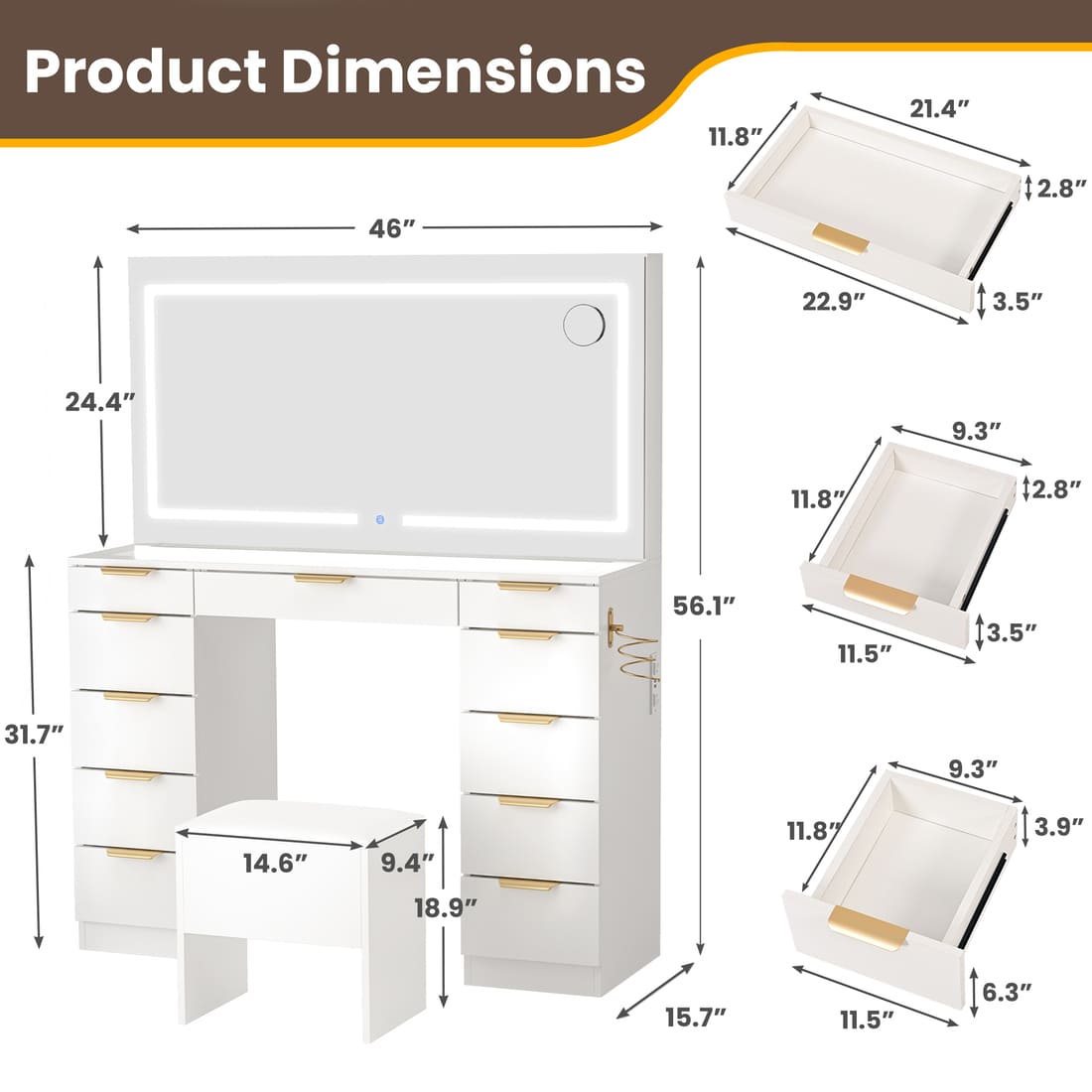 11-Drawer Vanity Desk with Gold Handles, Glass Top & LED Mirror