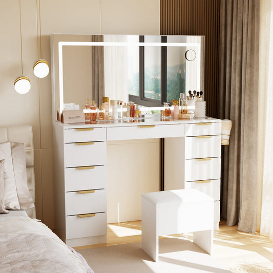 11-Drawer Vanity Desk with Glass Top，3 Styles to Choose