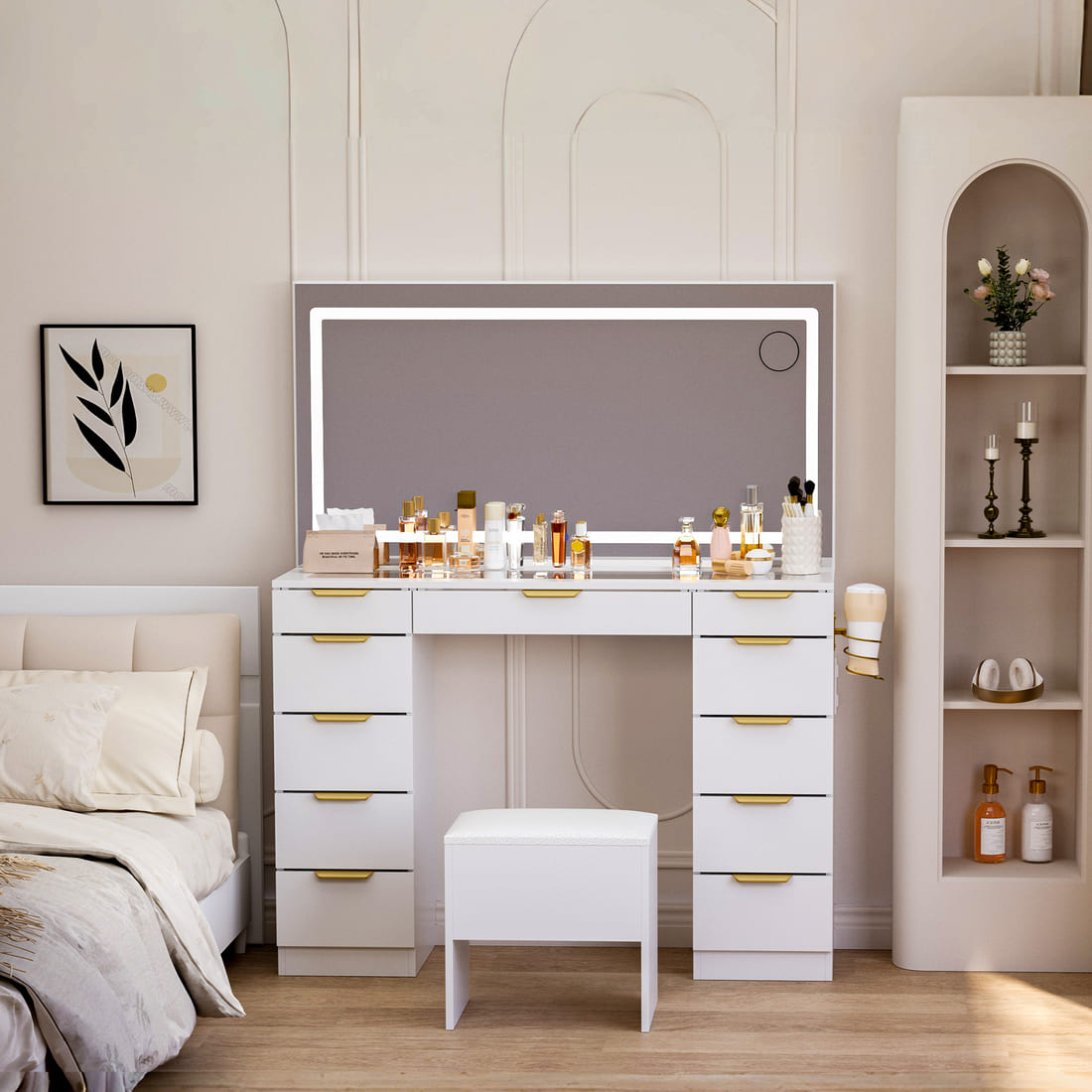 11-Drawer Vanity Desk with Glass Top，3 Styles to Choose