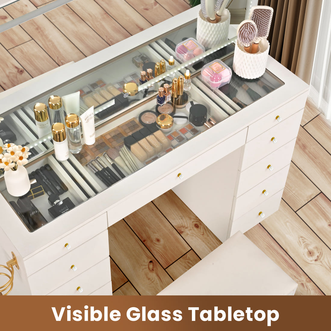 11-Drawer Vanity Desk with Glass Top，3 Styles to Choose