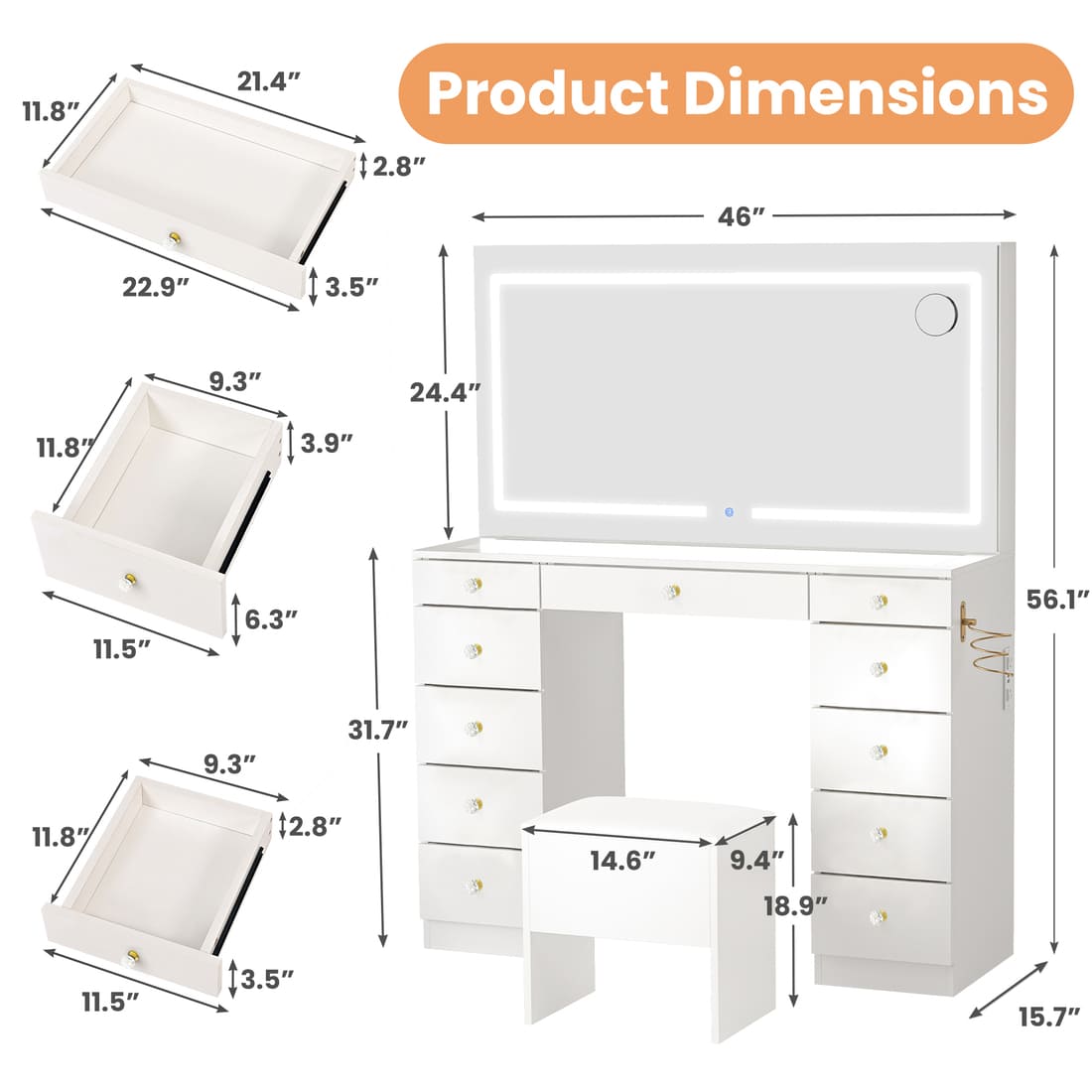 11-Drawer Vanity Desk with Glass Top，3 Styles to Choose