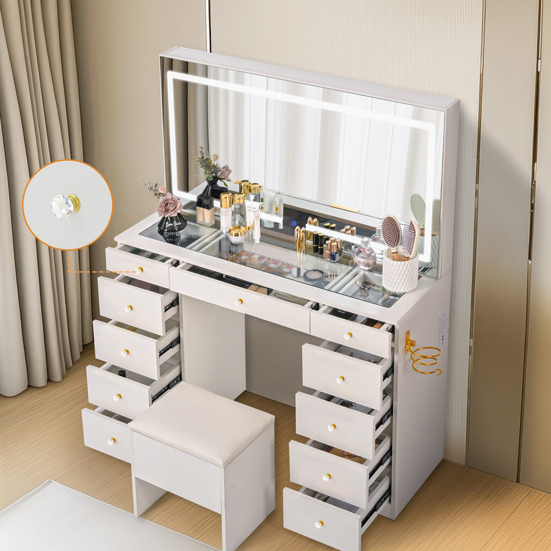 11-Drawer Vanity Desk with Glass Top，3 Styles to Choose