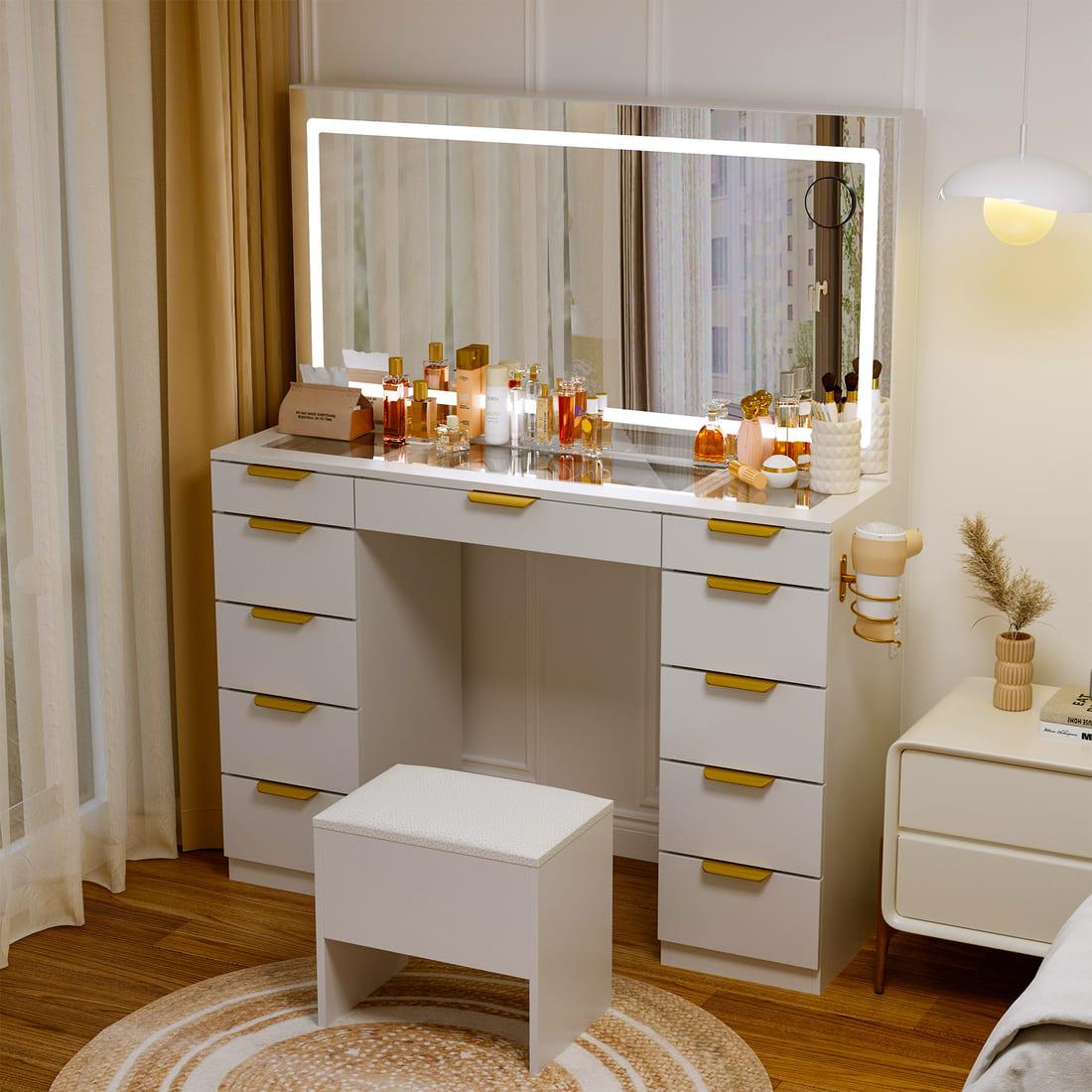 11-Drawer Vanity Desk with LED Mirror & Glass Top, Gold Handles