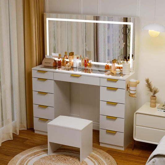 11-Drawer Makeup Vanity Desk with Gold Handles
