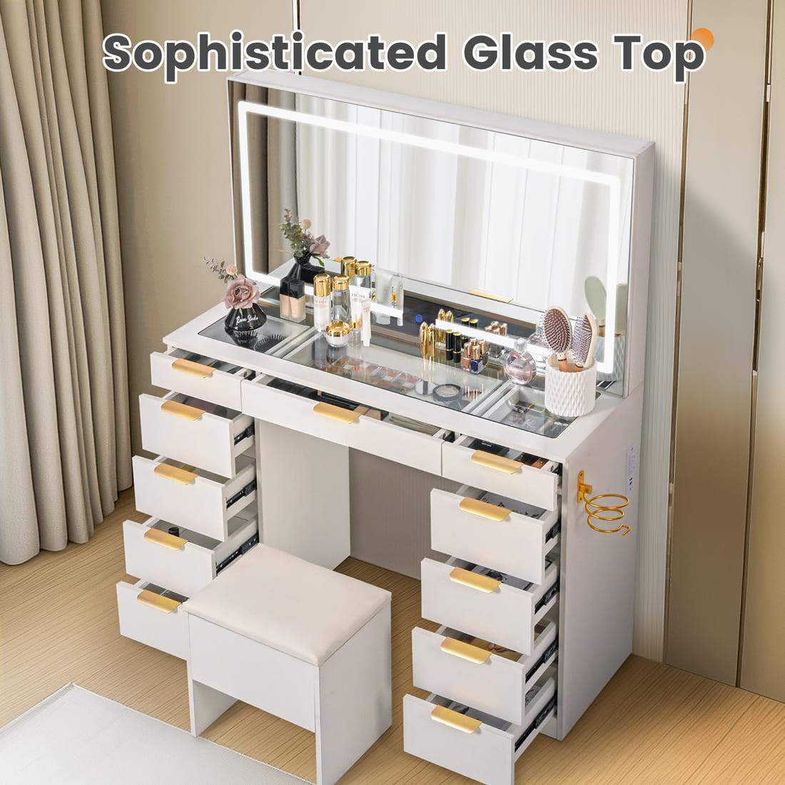 11-Drawer Vanity Desk with Gold Handles, Glass Top & LED Mirror