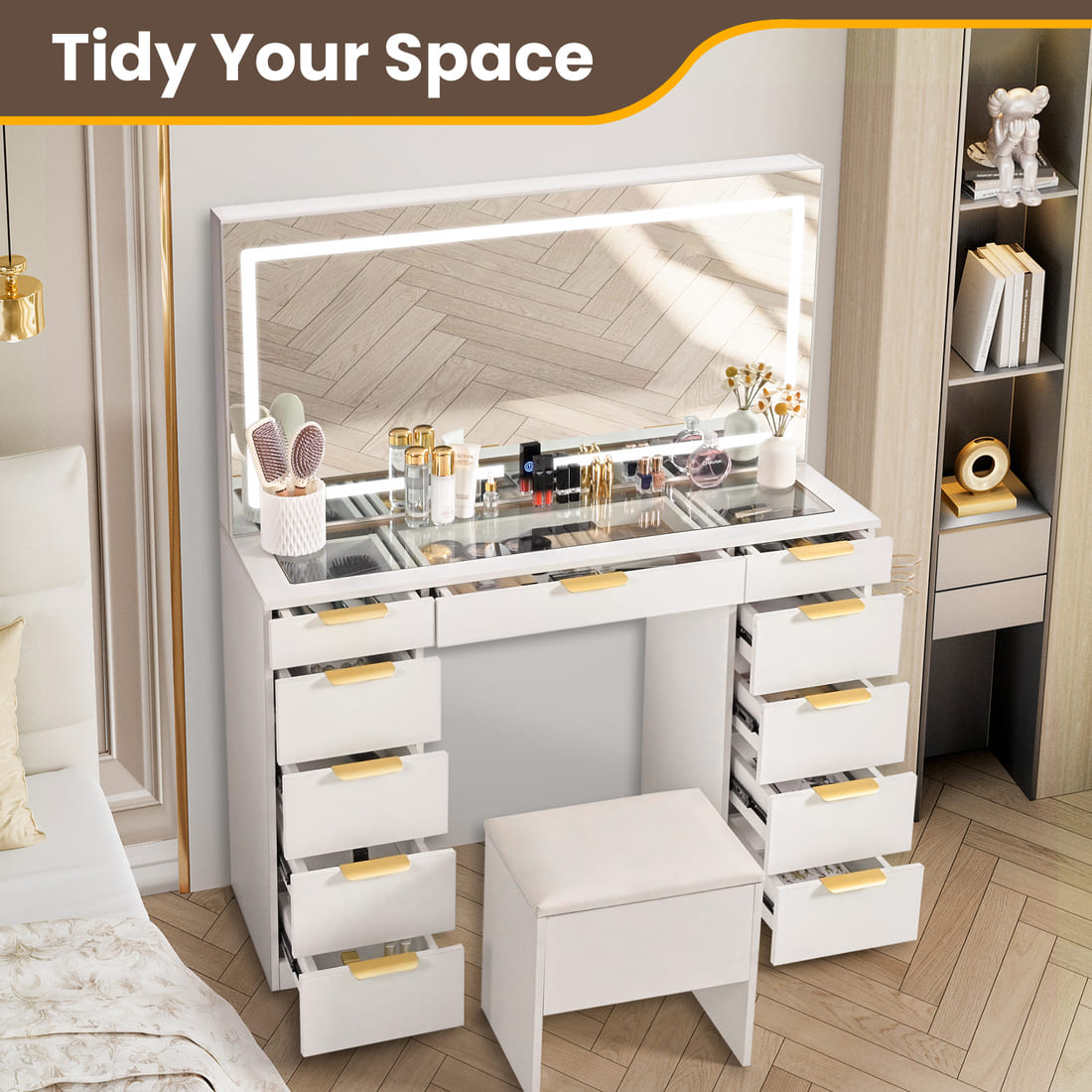 11-Drawer Vanity Desk with Gold Handles, Glass Top & LED Mirror