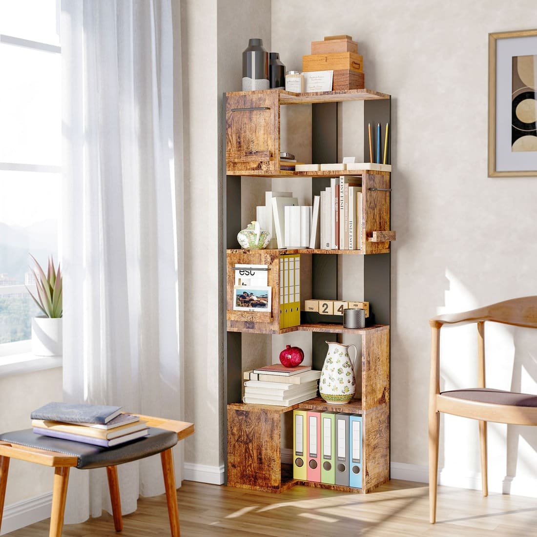 63" Tall Corner Shelf with L Shaped Storage Shelf & Anti-Tip Kit