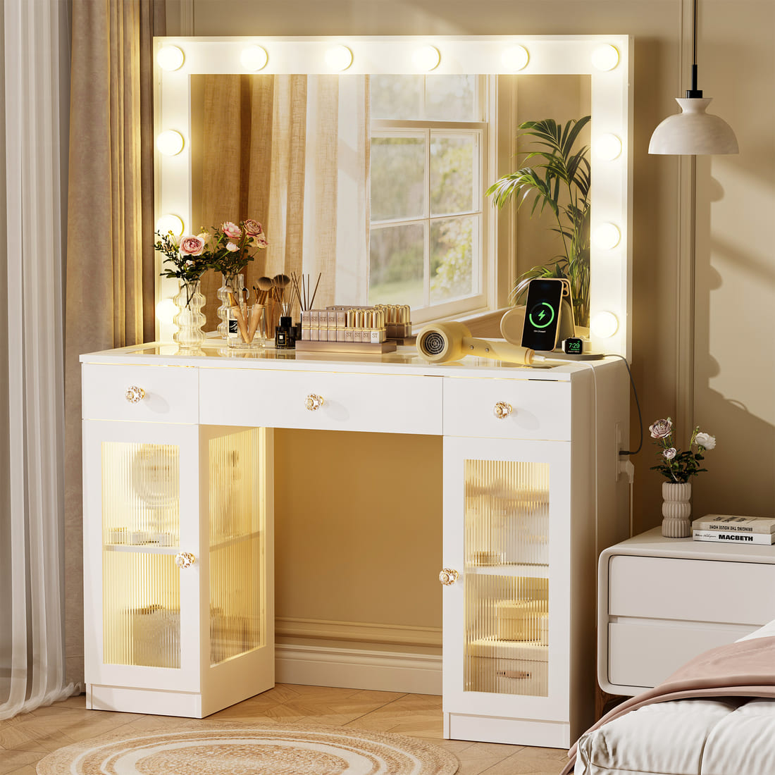 Glass-Top Vanity Desk with 12-Bulb Lighted Mirror