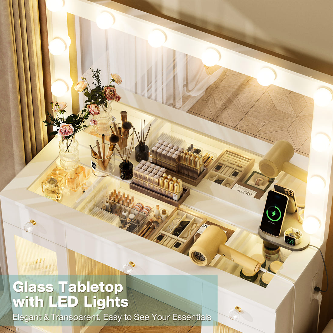 Glass-Top Vanity Desk with 12-Bulb Lighted Mirror