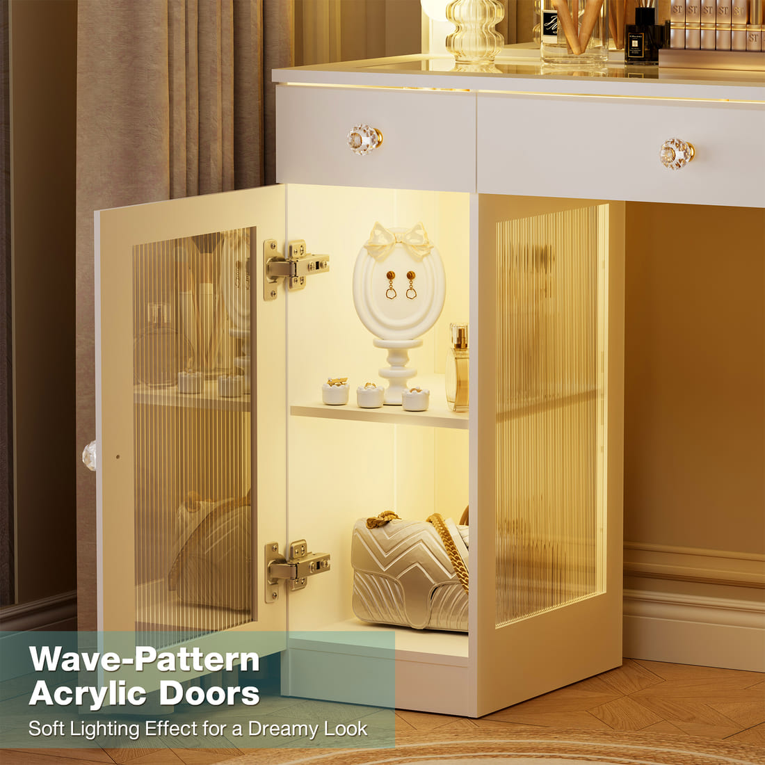 Glass-Top Vanity Desk with 12-Bulb Lighted Mirror