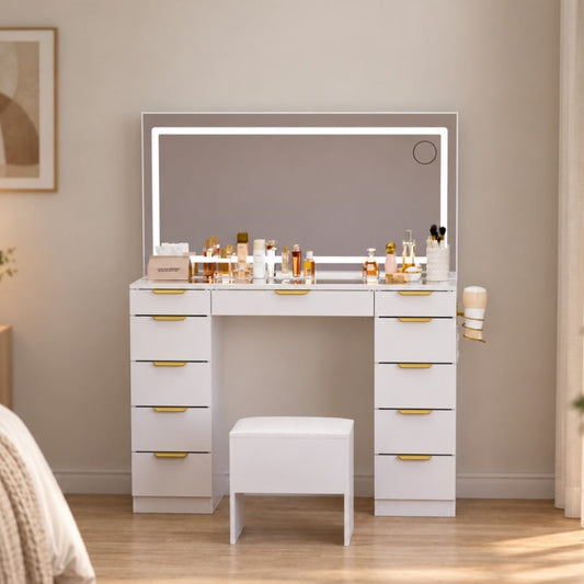 11-Drawer Vanity Desk with Gold Handles, Glass Top & LED Mirror