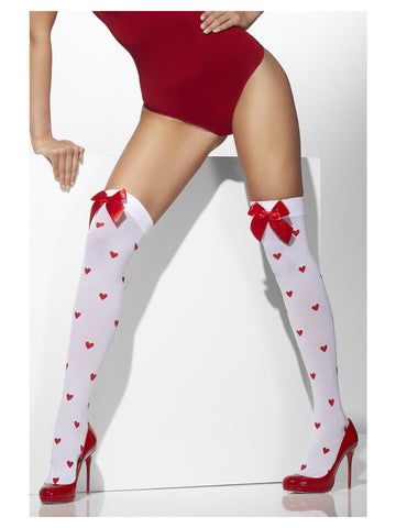 Opaque Hold-Ups, White, with Red Bows and Heart Print
